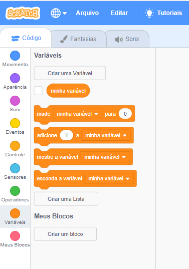 aba variáveis no ambiente de programação scratch